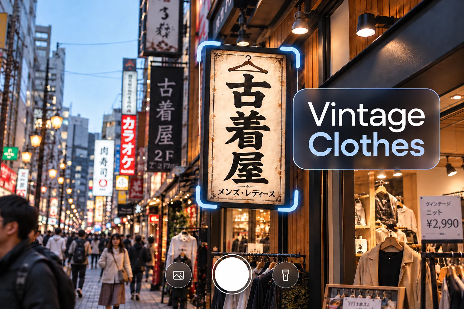 Camera translating a Japanese shop sign to Vintage Clothes